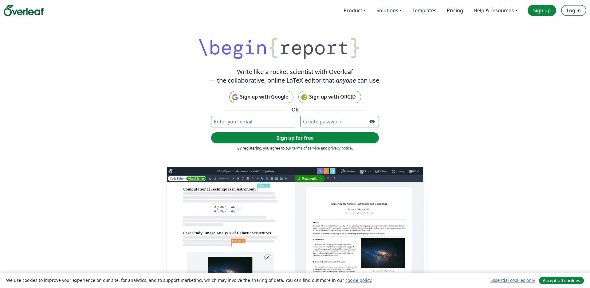 Home do Overleaf com o slogan Write like a rocket scientist, os botões de inscrição e o link Log in no topo