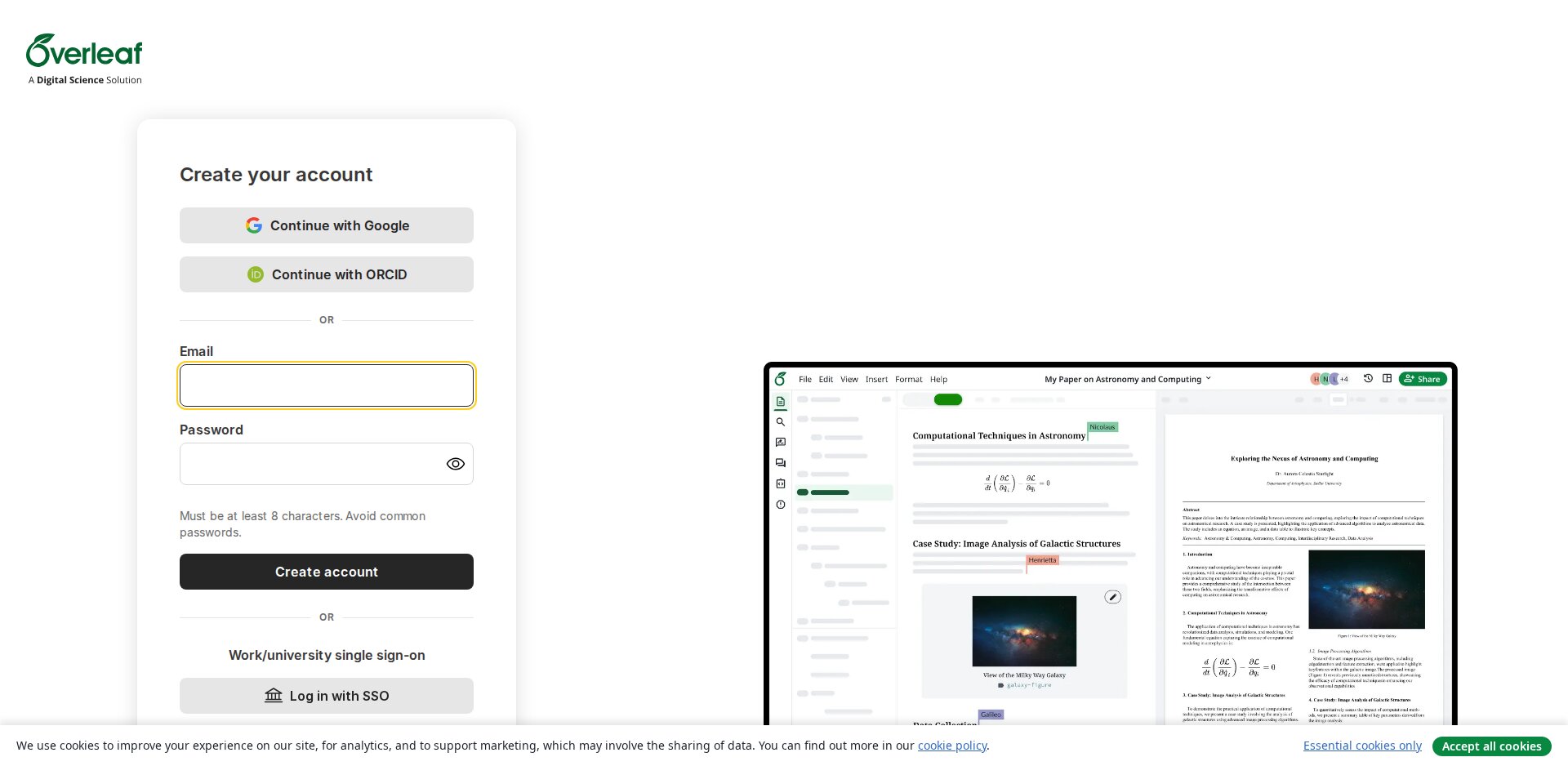 Página de cadastro do Overleaf (Register) com os campos de e-mail e senha e o botão Sign up for free