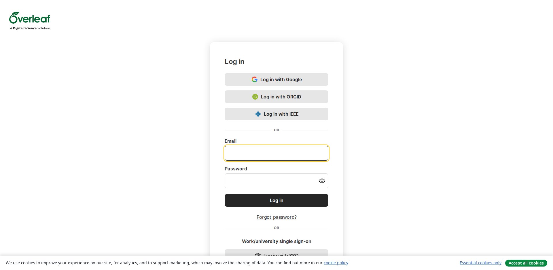 Página de login do Overleaf com Log in with Google, Log in with ORCID, Log in with IEEE, e-mail e senha e Work/university single sign-on