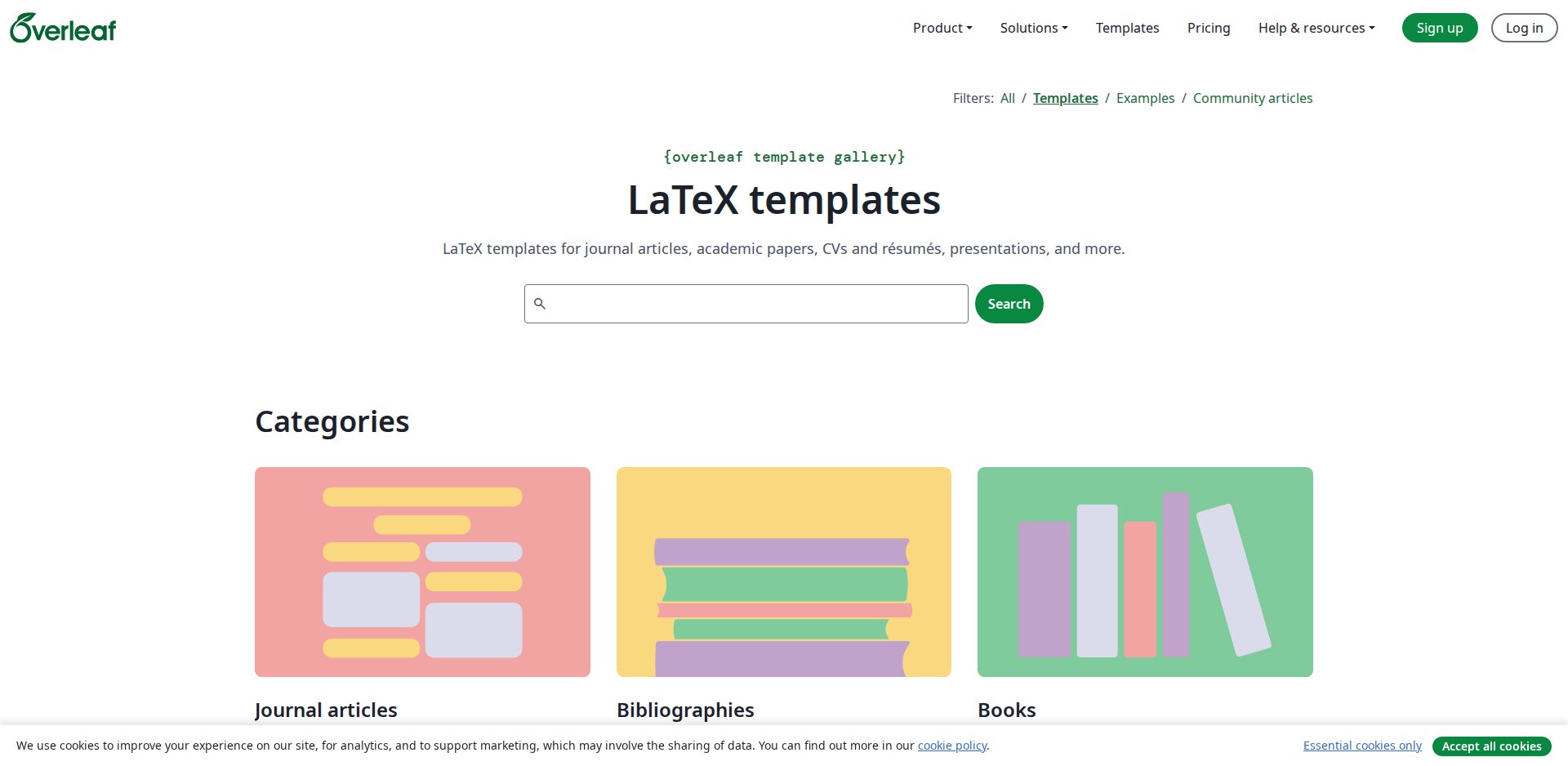 Galeria de templates do Overleaf com os filtros All, Templates, Examples e Community articles e os cartões dos modelos