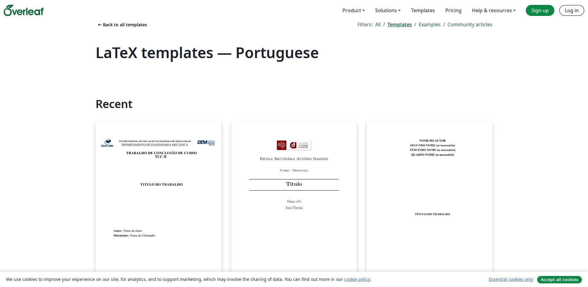Galeria do Overleaf filtrada pela tag portuguese, com modelos de TCC, dissertação, relatório e artigo de instituições brasileiras