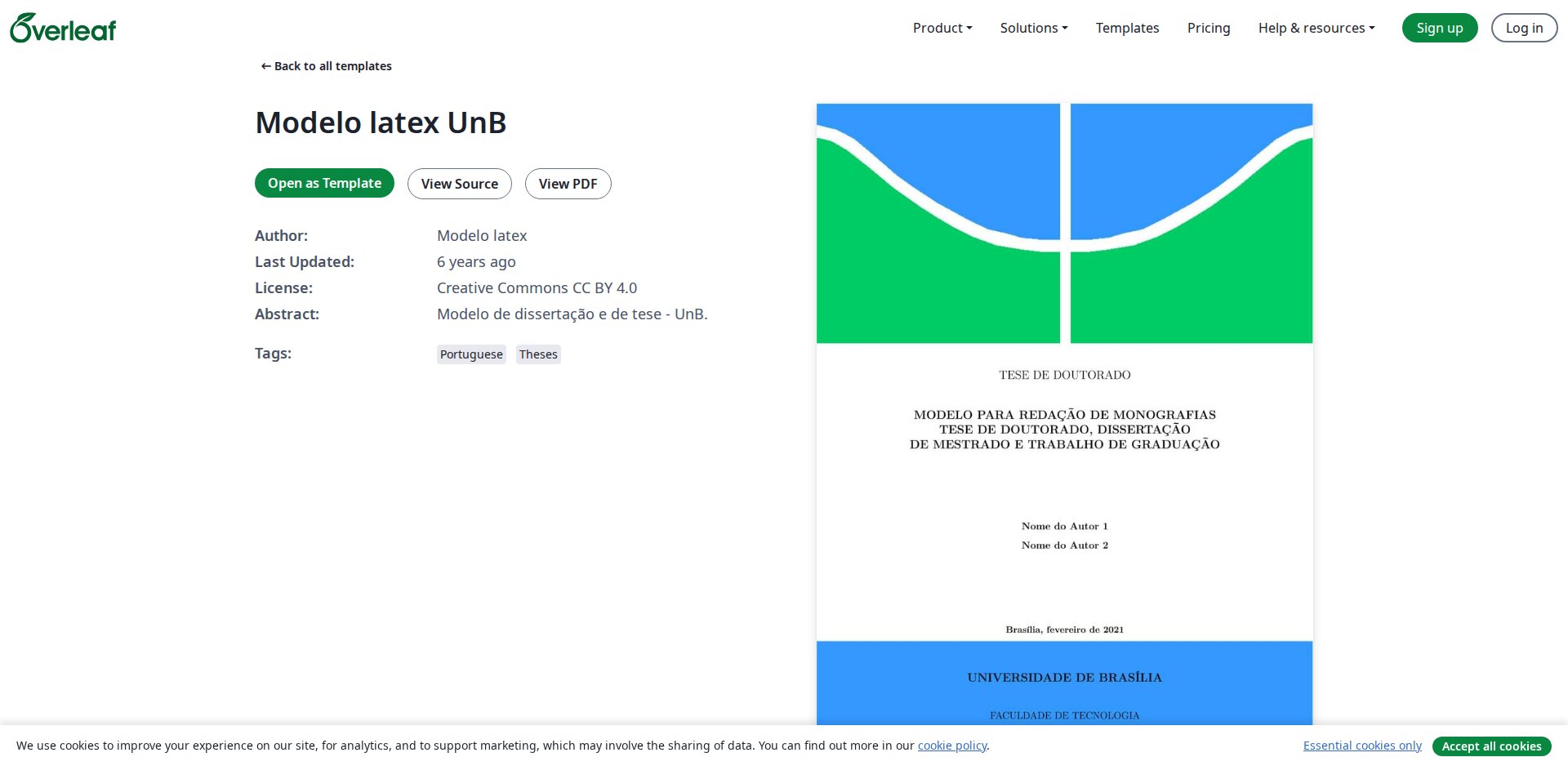 Página do Modelo latex UnB na galeria do Overleaf, com os botões Open as Template, View Source e View PDF, licença CC BY 4.0 e as tags Portuguese e Theses