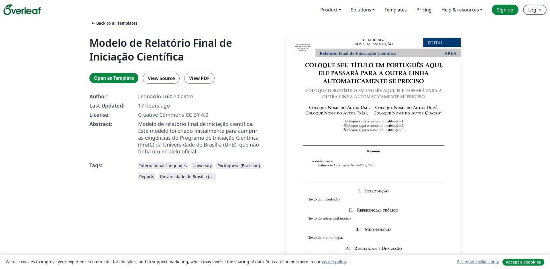 Página do Modelo de Relatório Final de Iniciação Científica da UnB na galeria do Overleaf