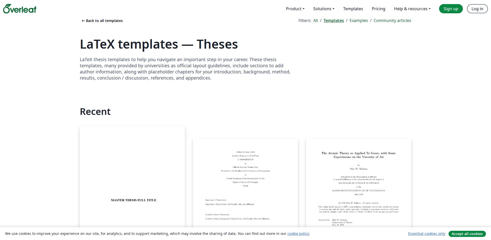Galeria de teses do Overleaf (tag thesis) com modelos de várias universidades