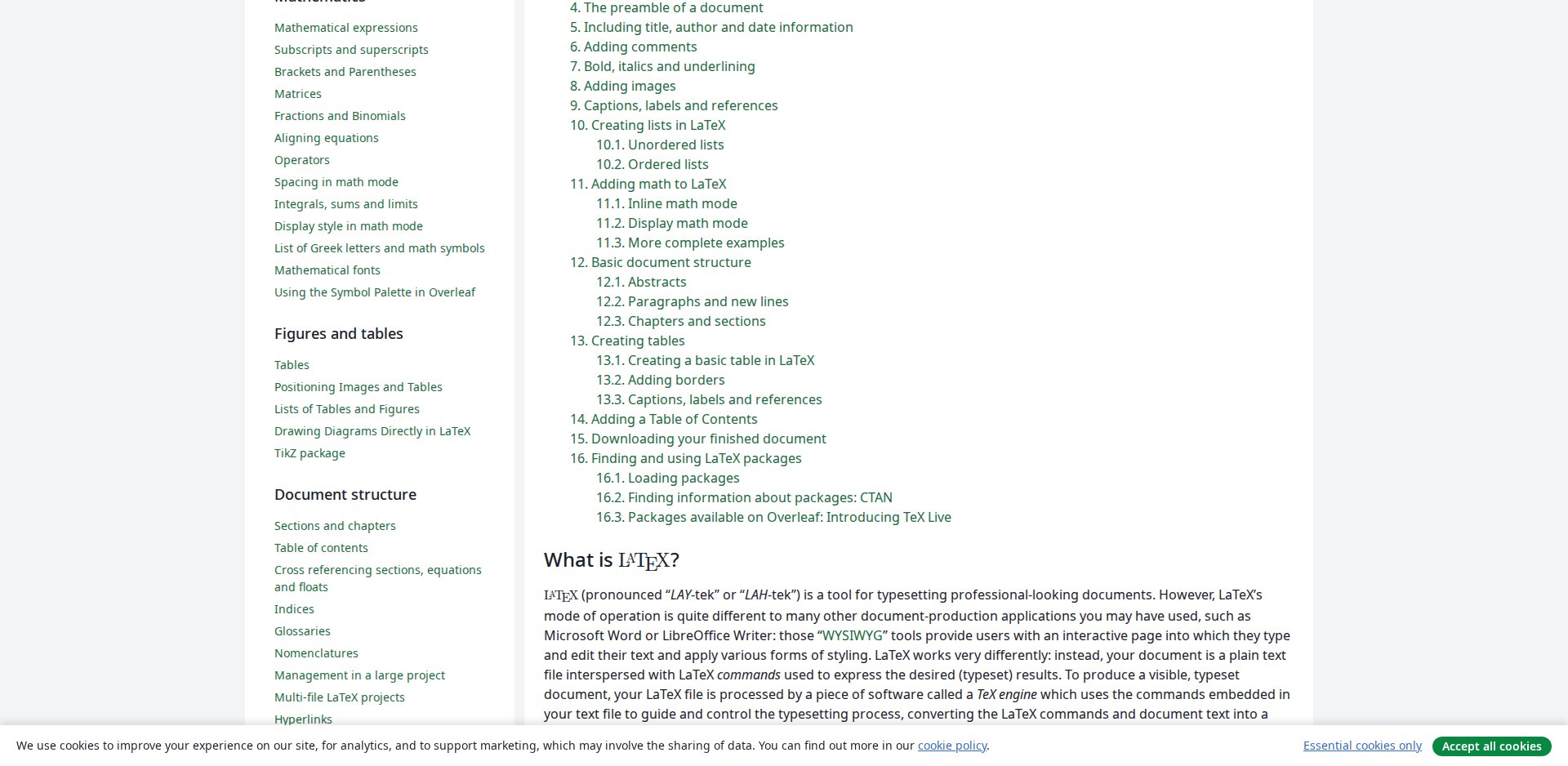 Página Learn LaTeX in 30 minutes do Overleaf Learn, com o índice do tutorial e o primeiro documento de exemplo