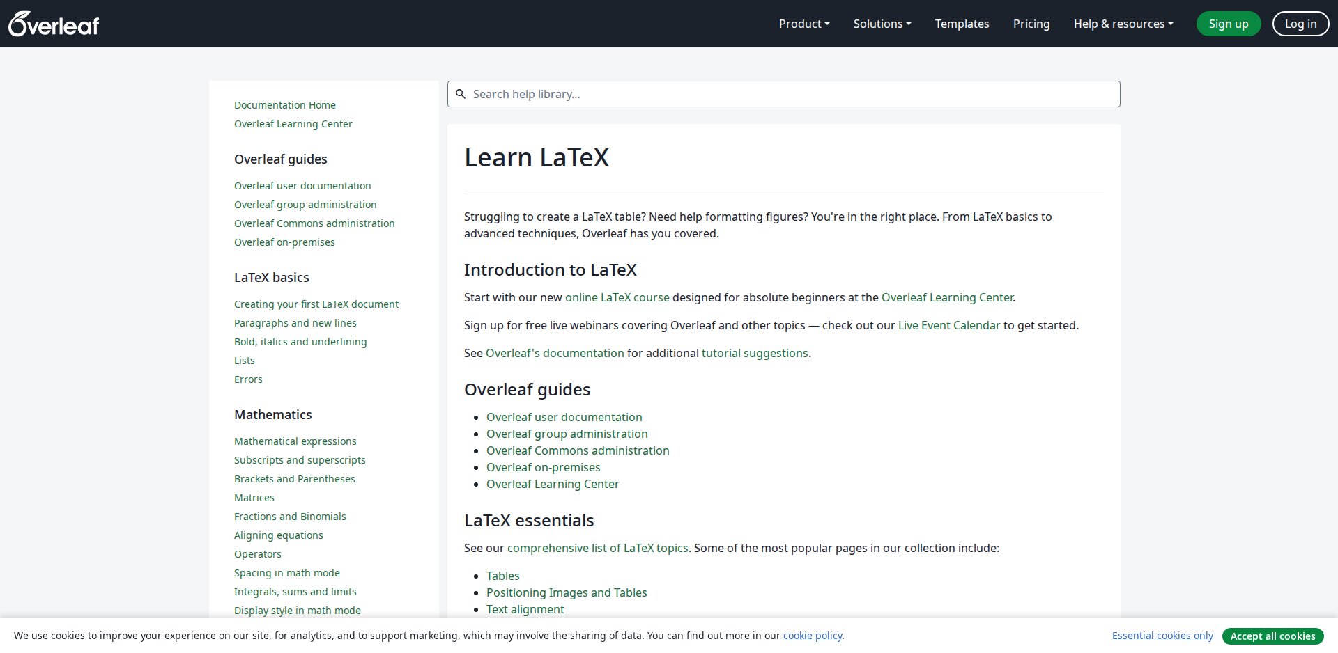 Página Documentation do Overleaf Learn com as seções de guias: primeiros passos, matemática, figuras e tabelas, estrutura, referências e citações, fontes, apresentações, idiomas