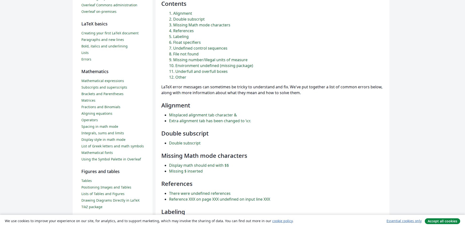 Guia Errors do Overleaf Learn, com a lista de erros comuns do LaTeX e a explicação de cada um