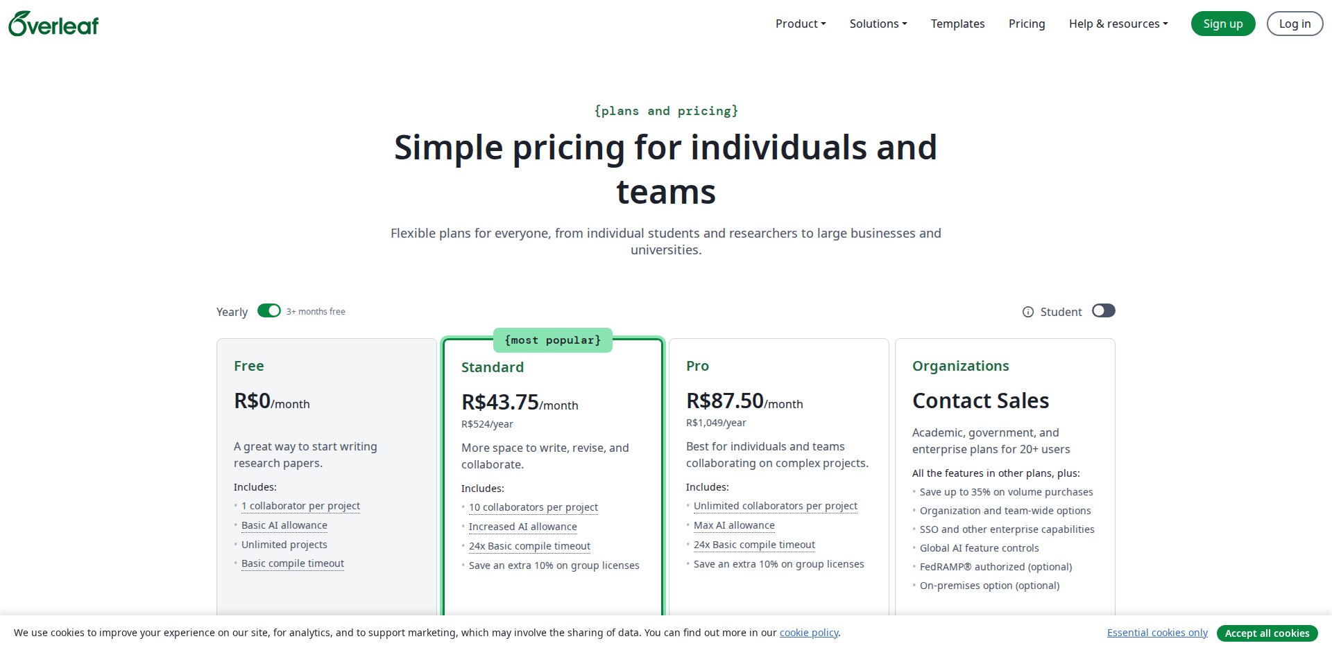 Página de planos do Overleaf em real: Free R$0, Standard R$43,75 por mês, Pro R$87,50 por mês, Organizations; itens 1 collaborator per project, Basic compile timeout e 24x Basic compile timeout