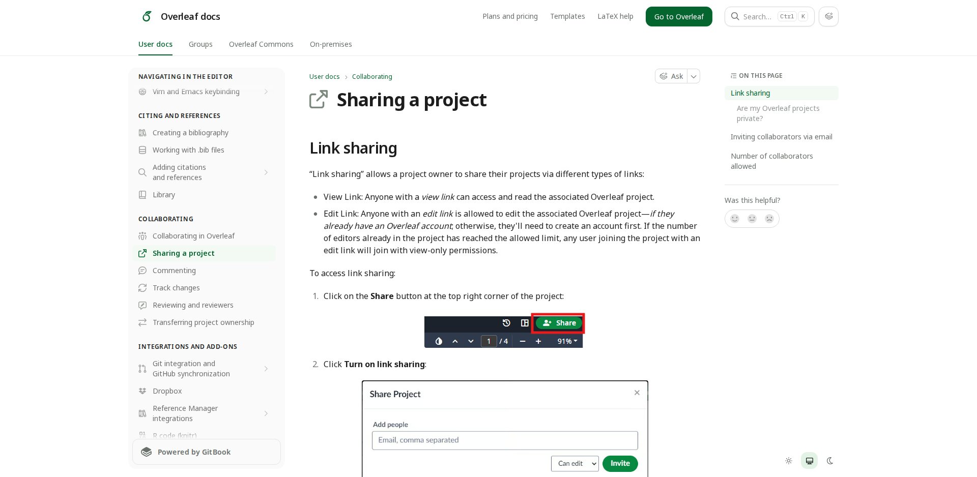 Documentação do Overleaf sobre compartilhar um projeto: botão Share, níveis View-only, Review e Edit, e link sharing