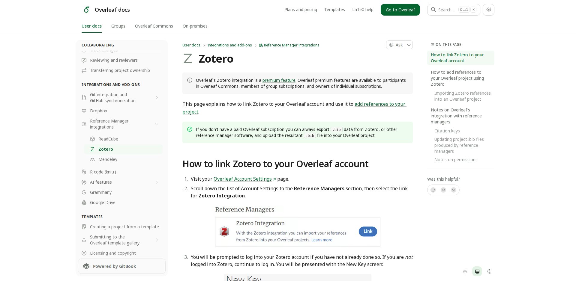Documentação do Overleaf sobre a integração com o Zotero, um recurso premium, com os passos em Account Settings e Reference Managers