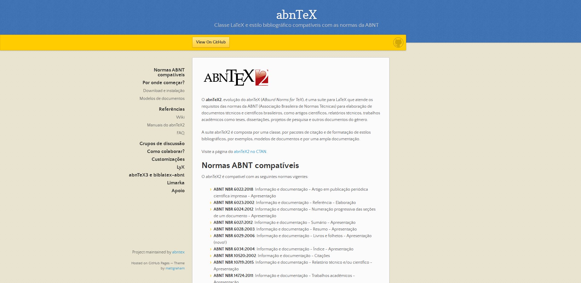 Site abntex.net.br com a descrição Classe LaTeX e estilo bibliográfico compatíveis com as normas da ABNT e os links de documentação