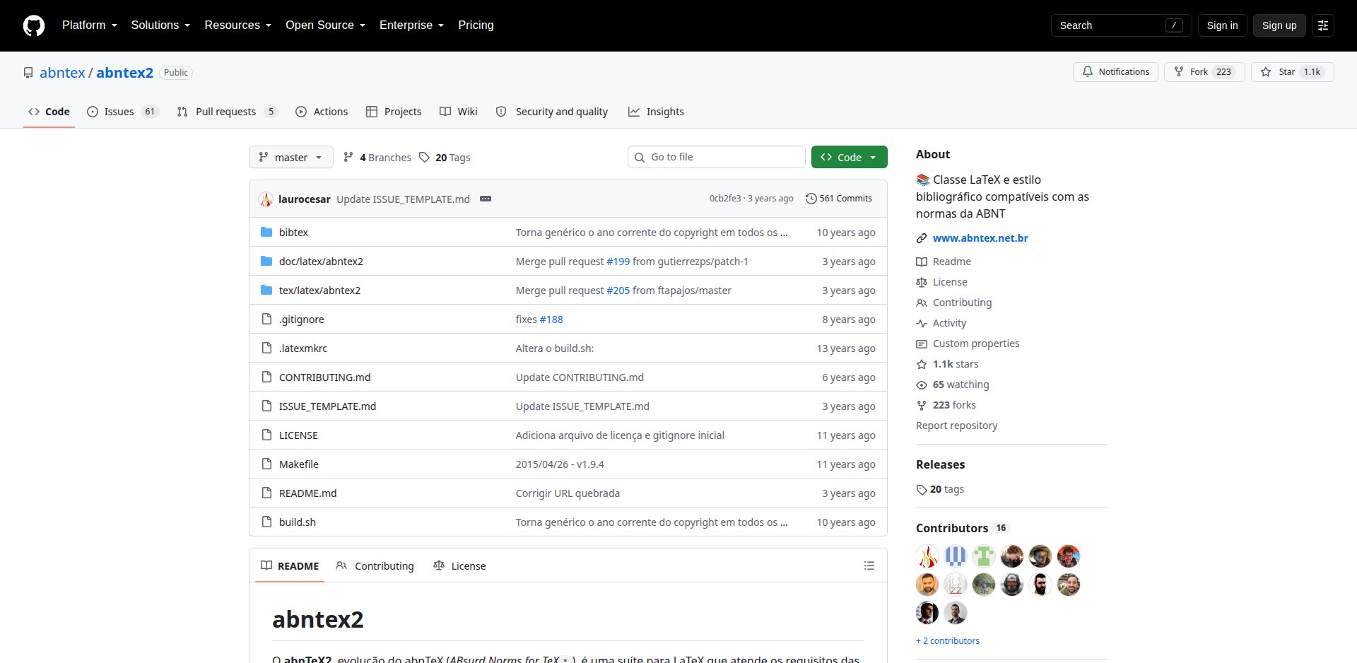 Repositório abntex/abntex2 no GitHub, com os arquivos da classe e a lista de commits
