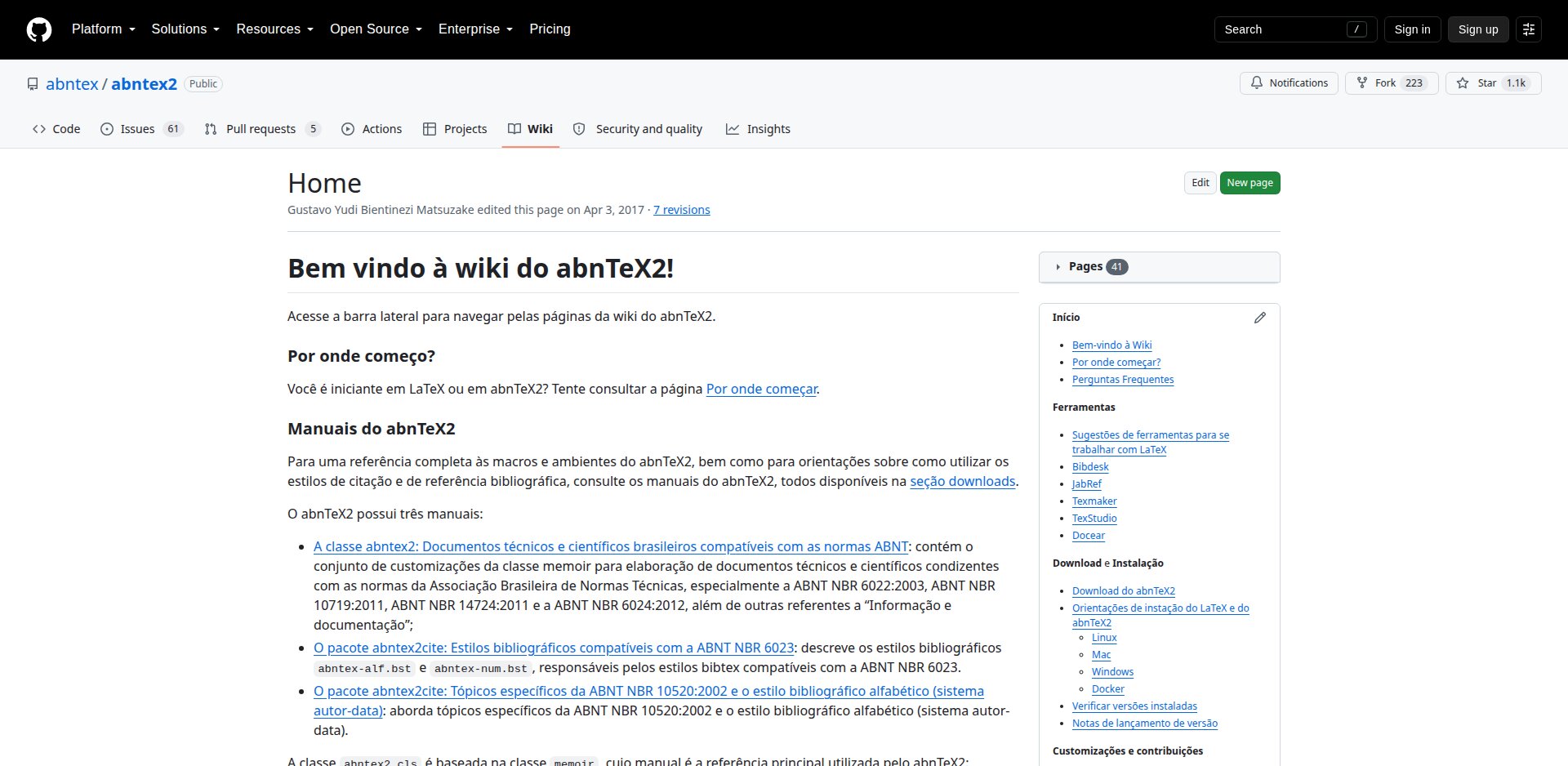 Wiki do abnTeX2 com as páginas Por onde começar, FAQ, instalação, ferramentas, tutoriais e customizações conhecidas