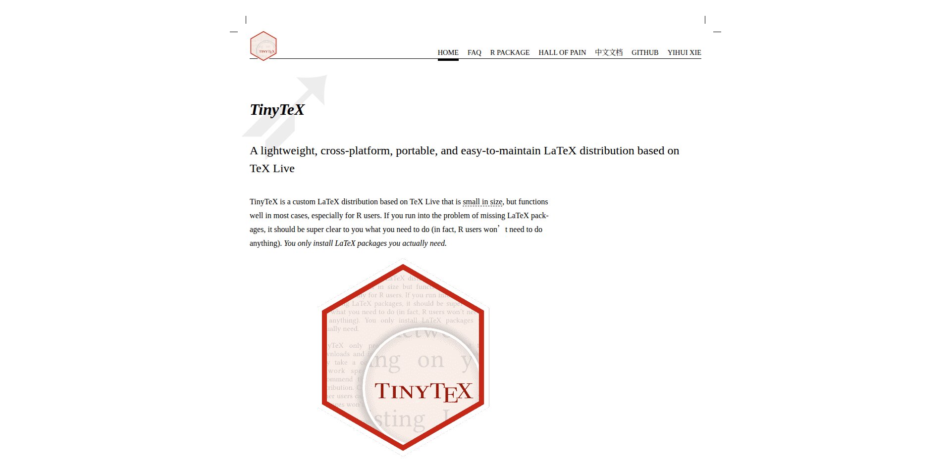 Site do TinyTeX (yihui.org/tinytex) com a descrição da distribuição leve baseada no TeX Live e os comandos de instalação