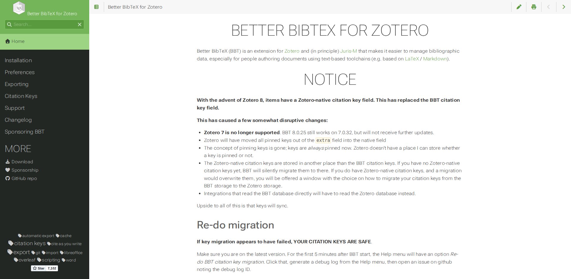 Site do Better BibTeX for Zotero com a descrição do plugin, o link de instalação e a documentação