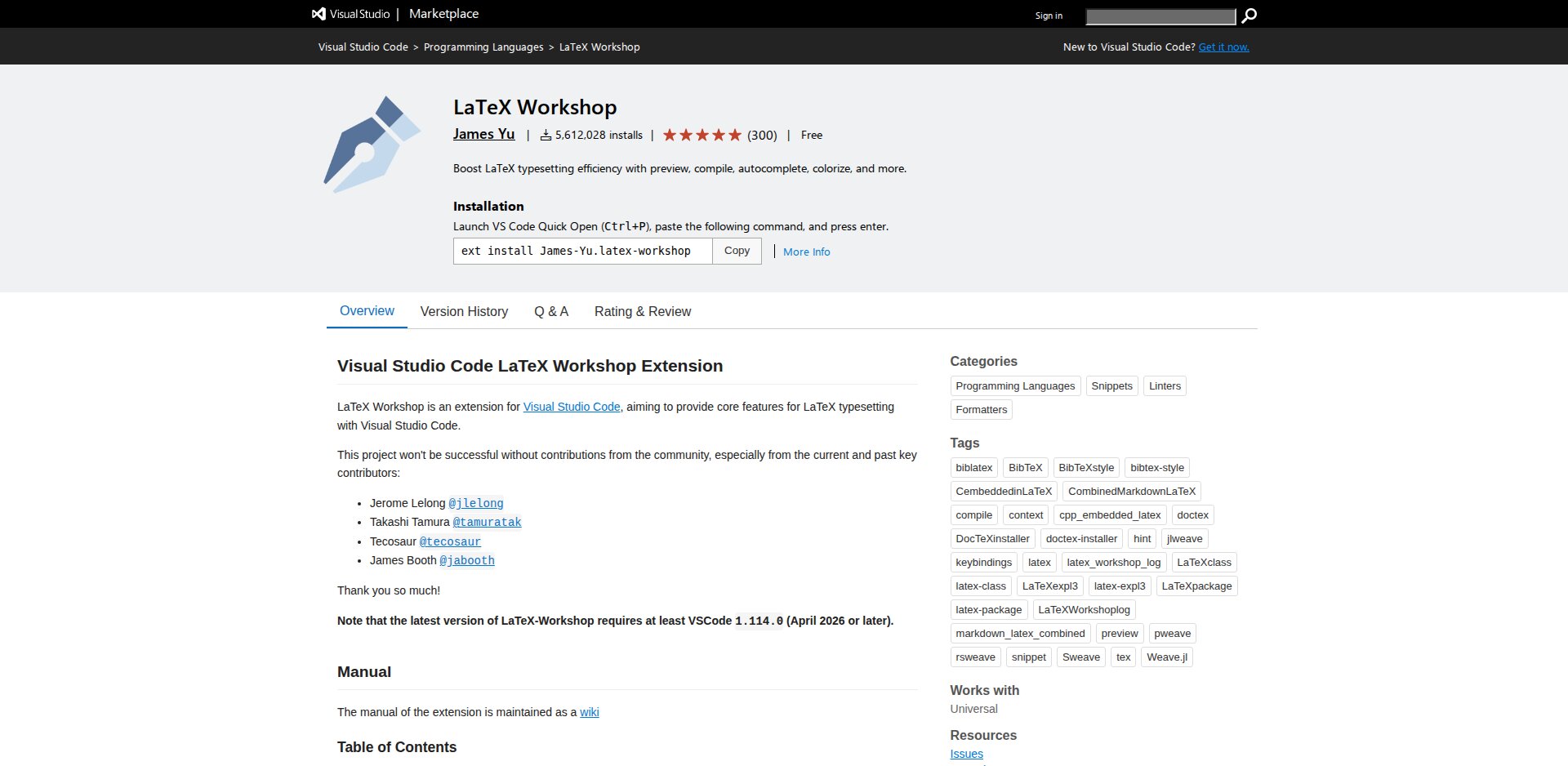 Página da extensão LaTeX Workshop no marketplace do Visual Studio Code, com o botão Install e a descrição dos recursos