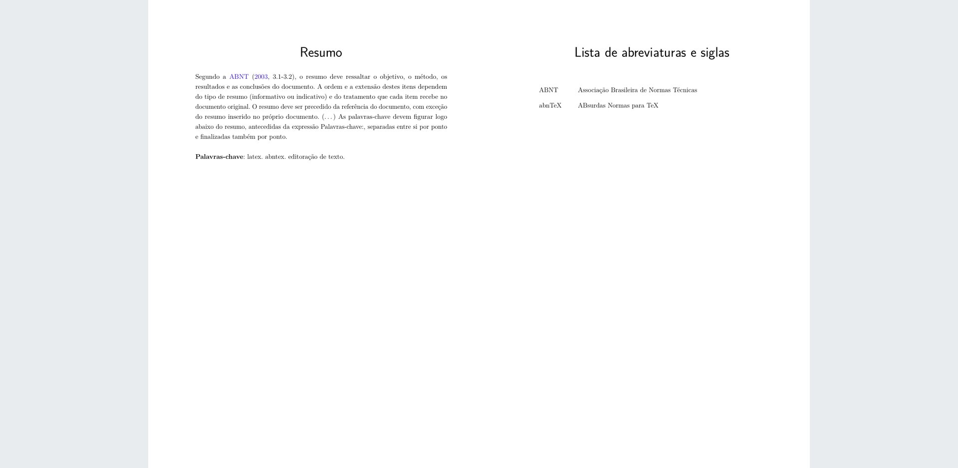 Páginas do resumo e da lista de abreviaturas e siglas do modelo canônico do abnTeX2 compilado