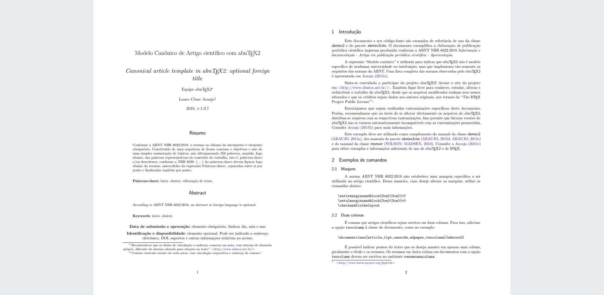 Duas primeiras páginas do modelo de artigo científico do abnTeX2 compilado, com título, autores, resumo e início do texto