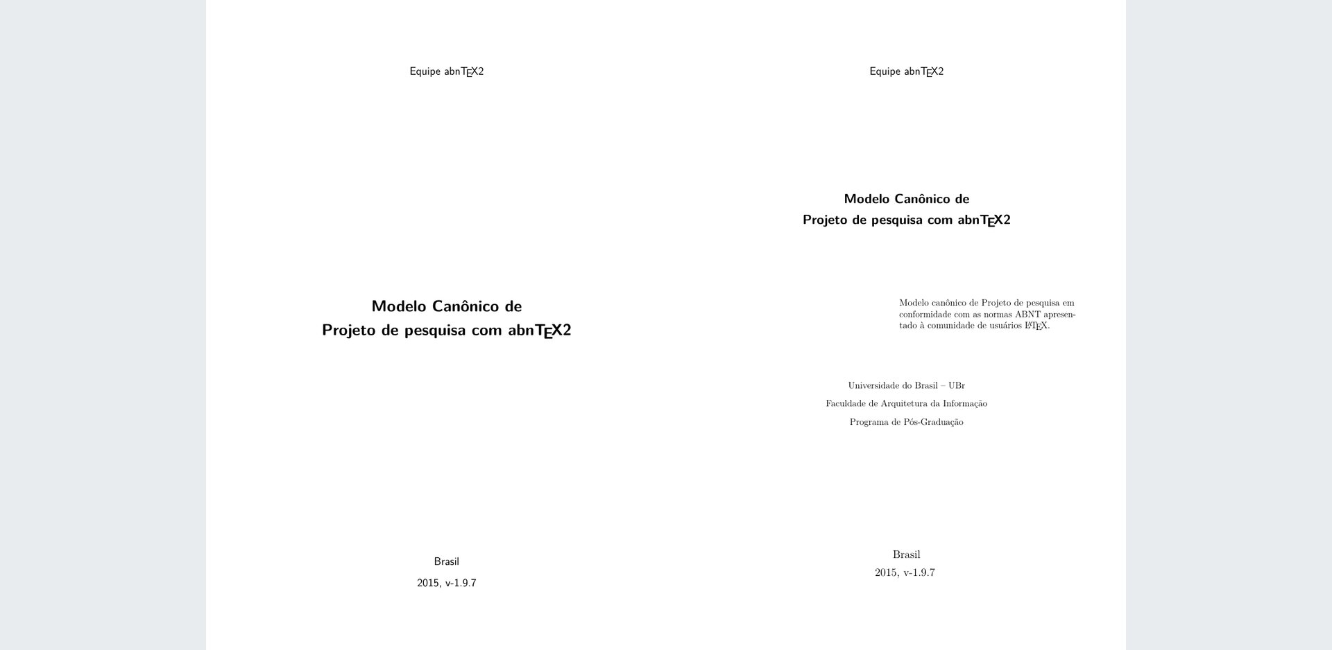 Páginas do modelo de projeto de pesquisa do abnTeX2 compilado, com capa e seções do projeto