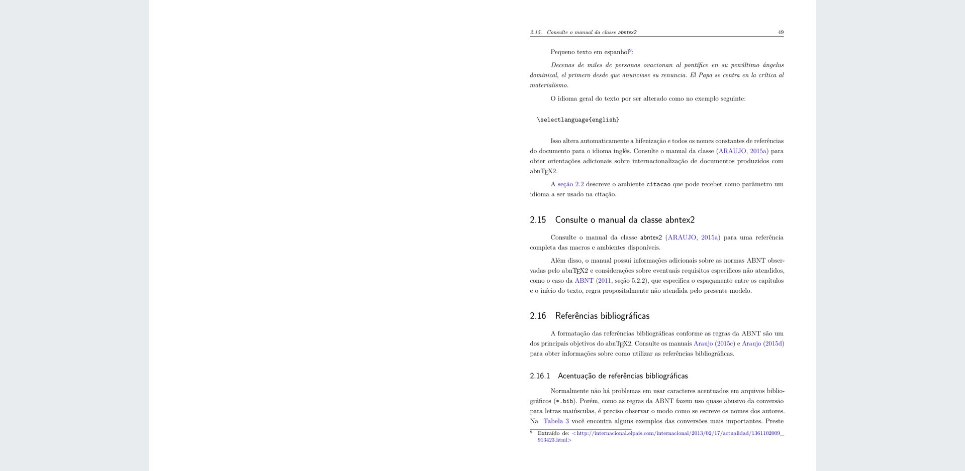 Página do modelo do abnTeX2 com citações autor-data como (ARAUJO, 2015a) no texto e a seção sobre referências